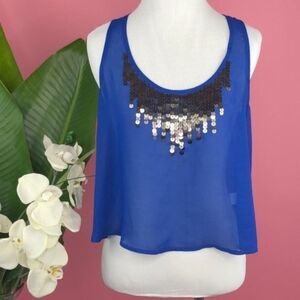 Material Girl Sheer Royal Blue Sequin Flowy Crop Top